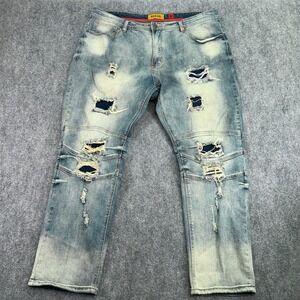 Makobi Jeans Mens 42x32 (Fits 44x30.5) Light Blue Wash Moto Distressed Denim